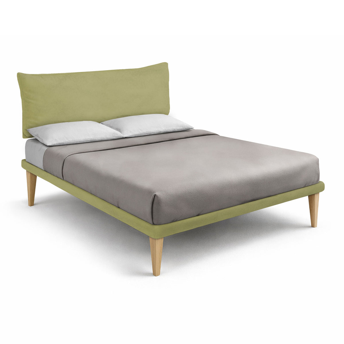 Letto TESSIS tè verde con testiera imbottita e gambe coniche in legno #colore_Tè verde