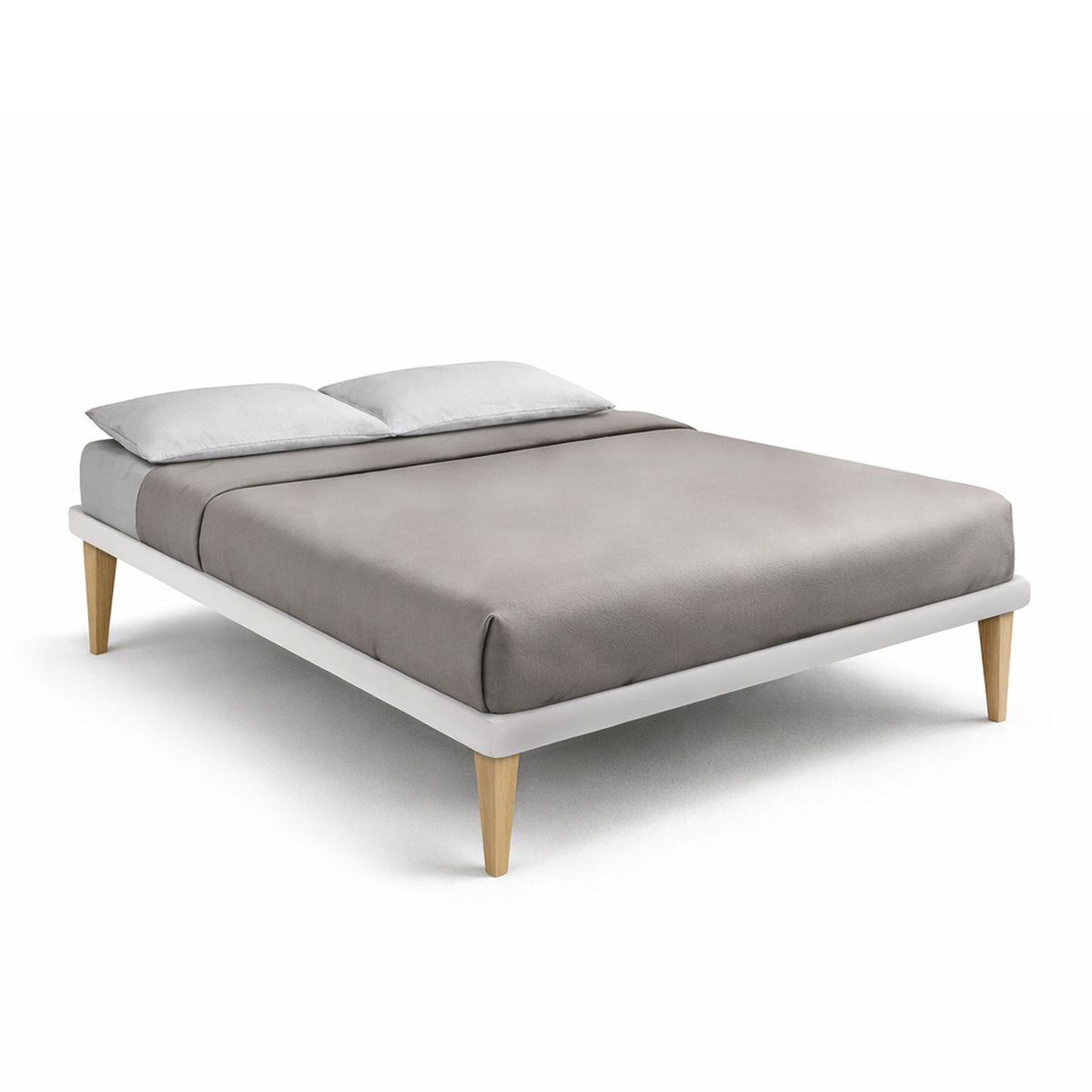 Letto alla francese TESSIS bianco in similpelle grigia con piedi conici in legno, vista tre quarti #colore_Bianco