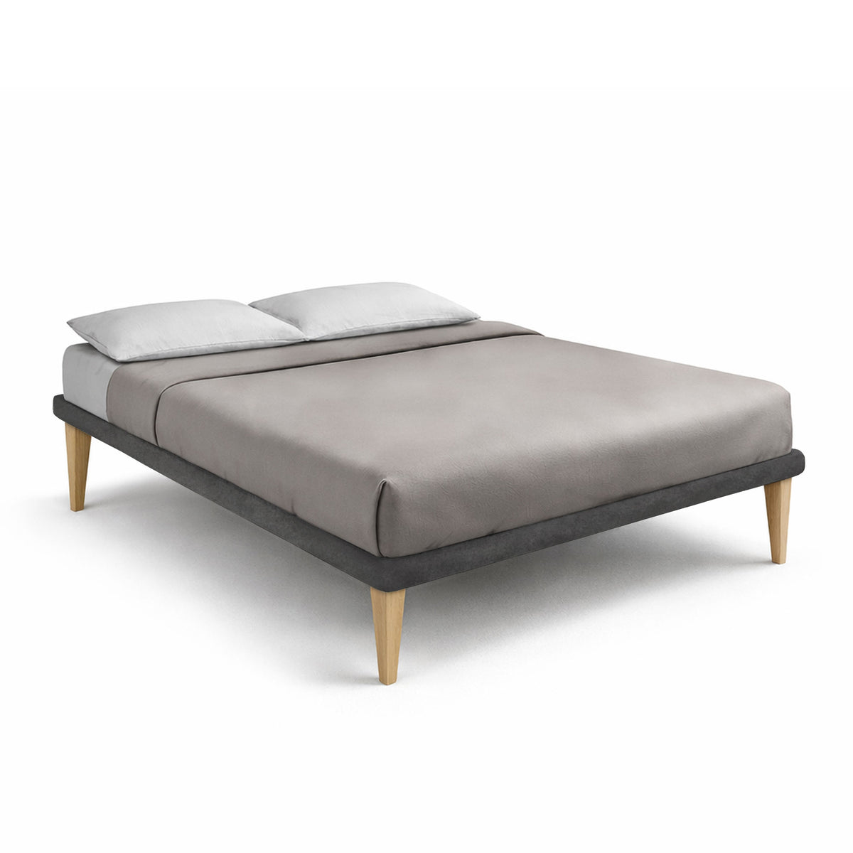 Letto TESSIS grigio alla francese con guanciali coordinati e gambe coniche in legno, vista tre quarti #colore_Grigio