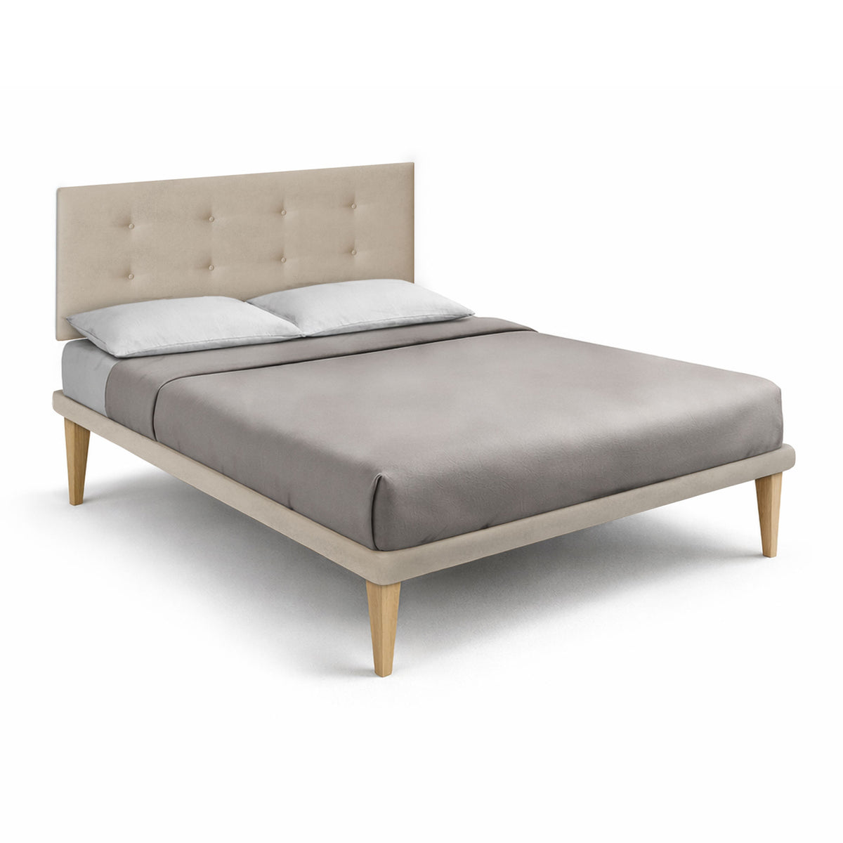 Letto matrimoniale BUTTON sabbia con testata tufting, vista tre quarti su fondo bianco #colore_Sabbia