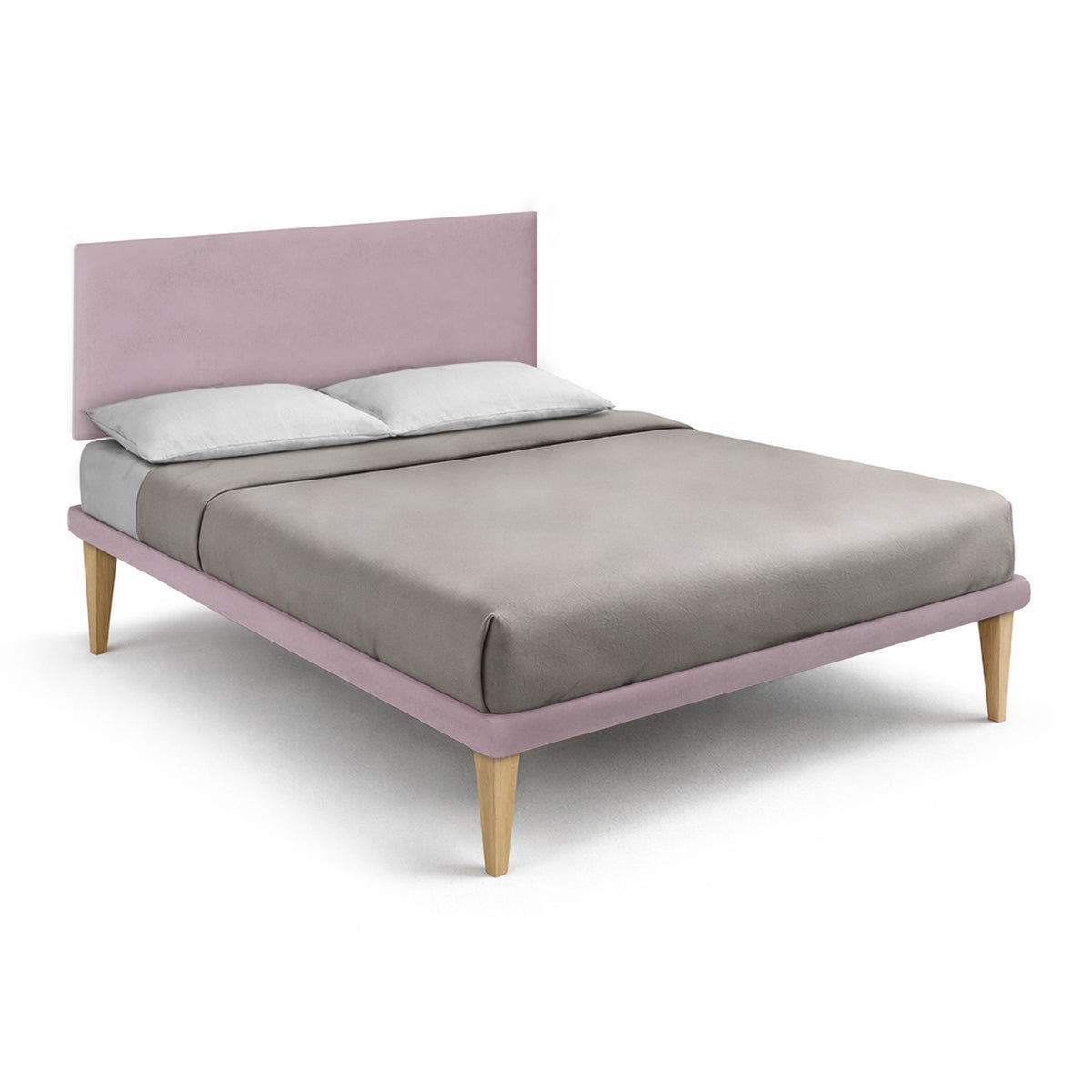 Letto King Size FLAT glicine alla francese visto di tre quarti con gambe in legno naturale #colore_Glicine