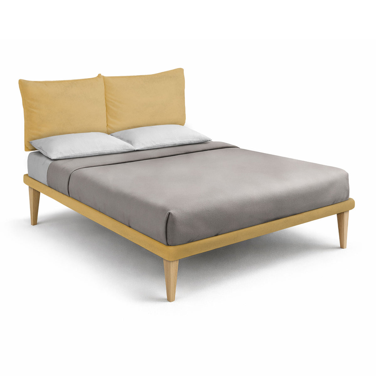 Letto matrimoniale SOFT ocra con testata a cuscini reclinabili, vista di tre quarti #colore_Ocra