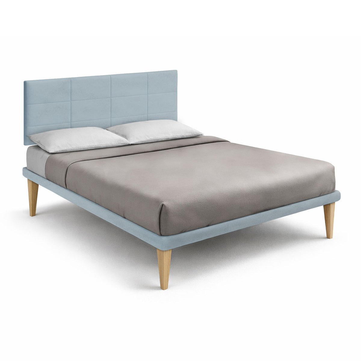 Letto matrimoniale SQUARE azzurro con testiera a pannelli quadrati, vista tre quarti #colore_Azzurro