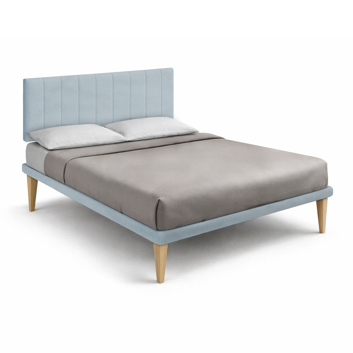 Letto alla francese TESSIS azzurro con testiera a pannelli verticali e rete rivestita, vista tre quarti #colore_Azzurro
