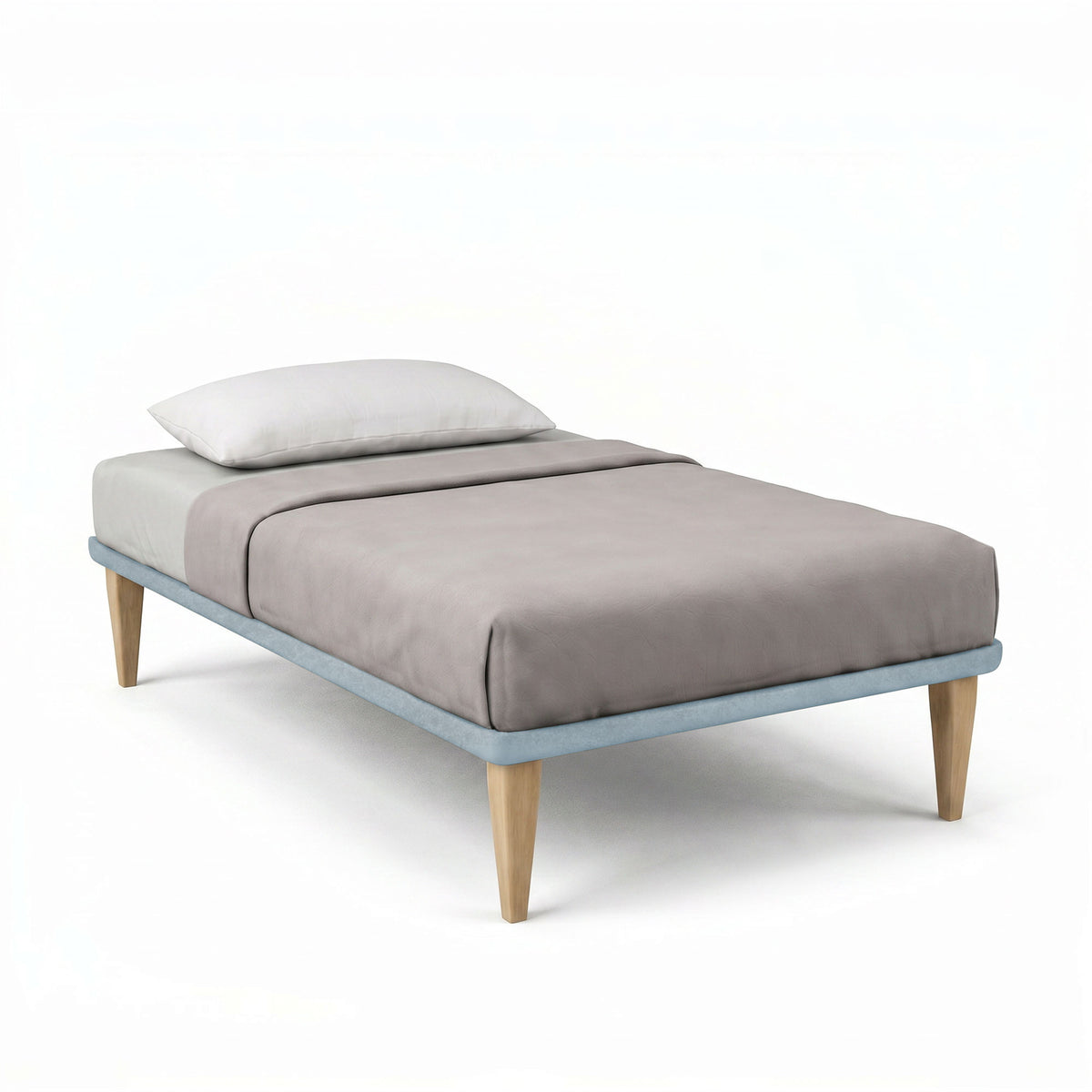 Letto TESSIS azzurro chiaro con telaio in tessuto e gambe in legno naturale, vista tre quarti #colore_Azzurro