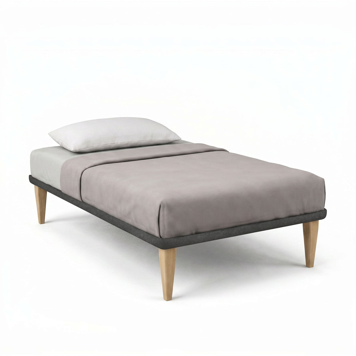 Letto TESSIS grigio con bordo scuro, gambe coniche in legno e piumone grigio su fondo bianco #colore_Grigio