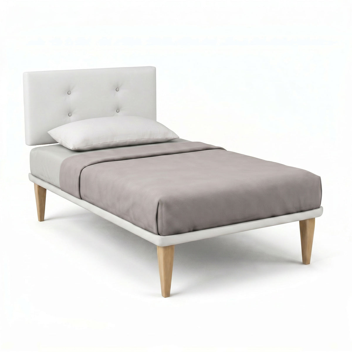 Letto singolo BUTTON bianco con testata imbottita a rombo, vista tre quarti su fondo bianco #colore_Bianco