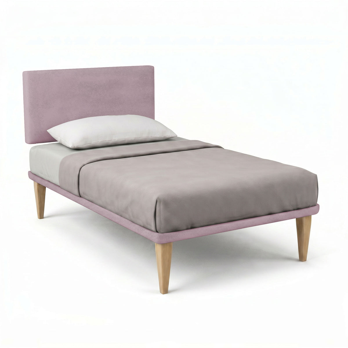 Letto singolo FLAT glicine con testata rettangolare e gambe coniche in legno, vista tre quarti #colore_Glicine