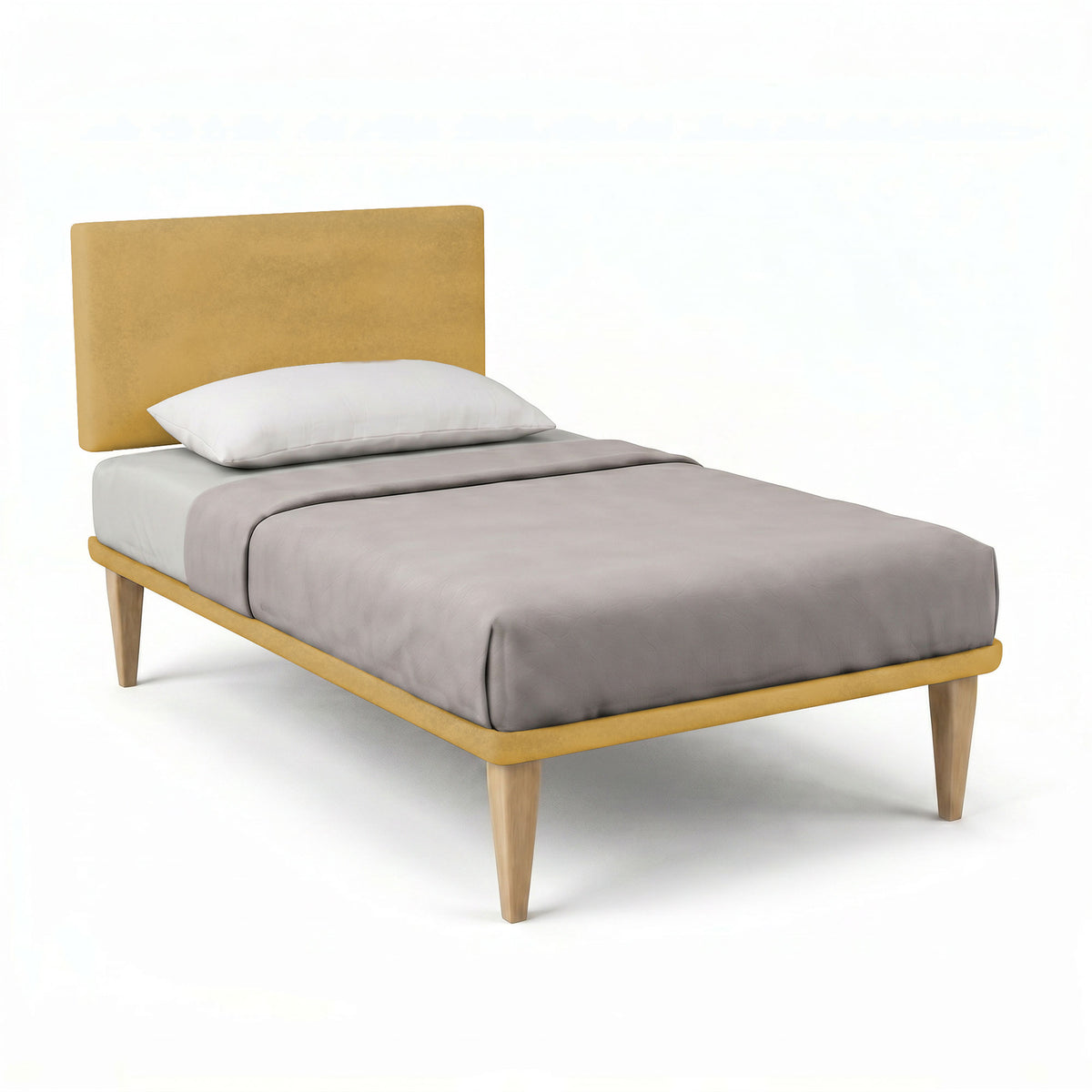 Letto FLAT ocra con testata in microfibra gialla, gambe in legno naturale e copriletto grigio chiaro #colore_Ocra