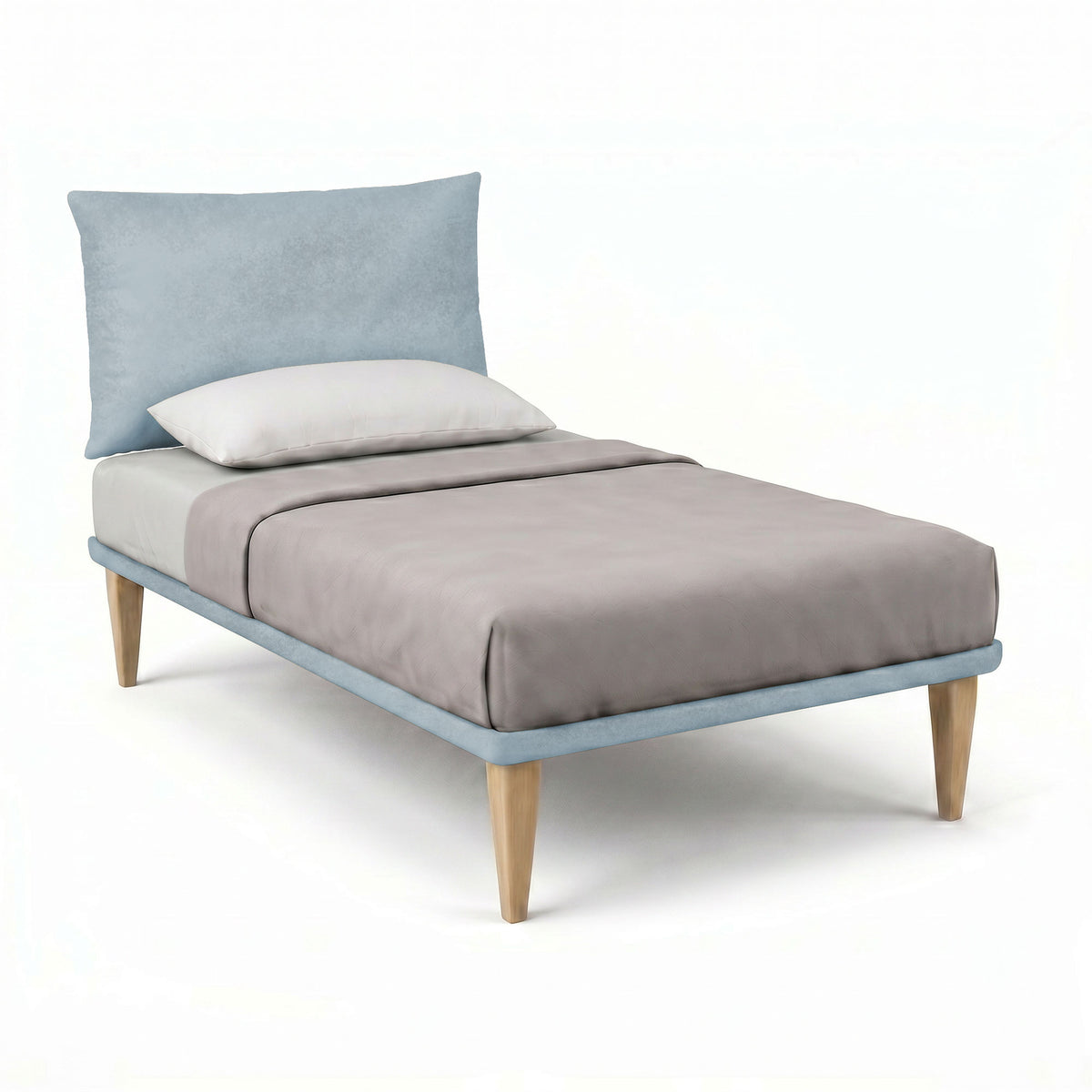 Letto TESSIS azzurro con testiera in microfibra e gambe coniche in legno, vista di tre quarti #colore_Azzurro