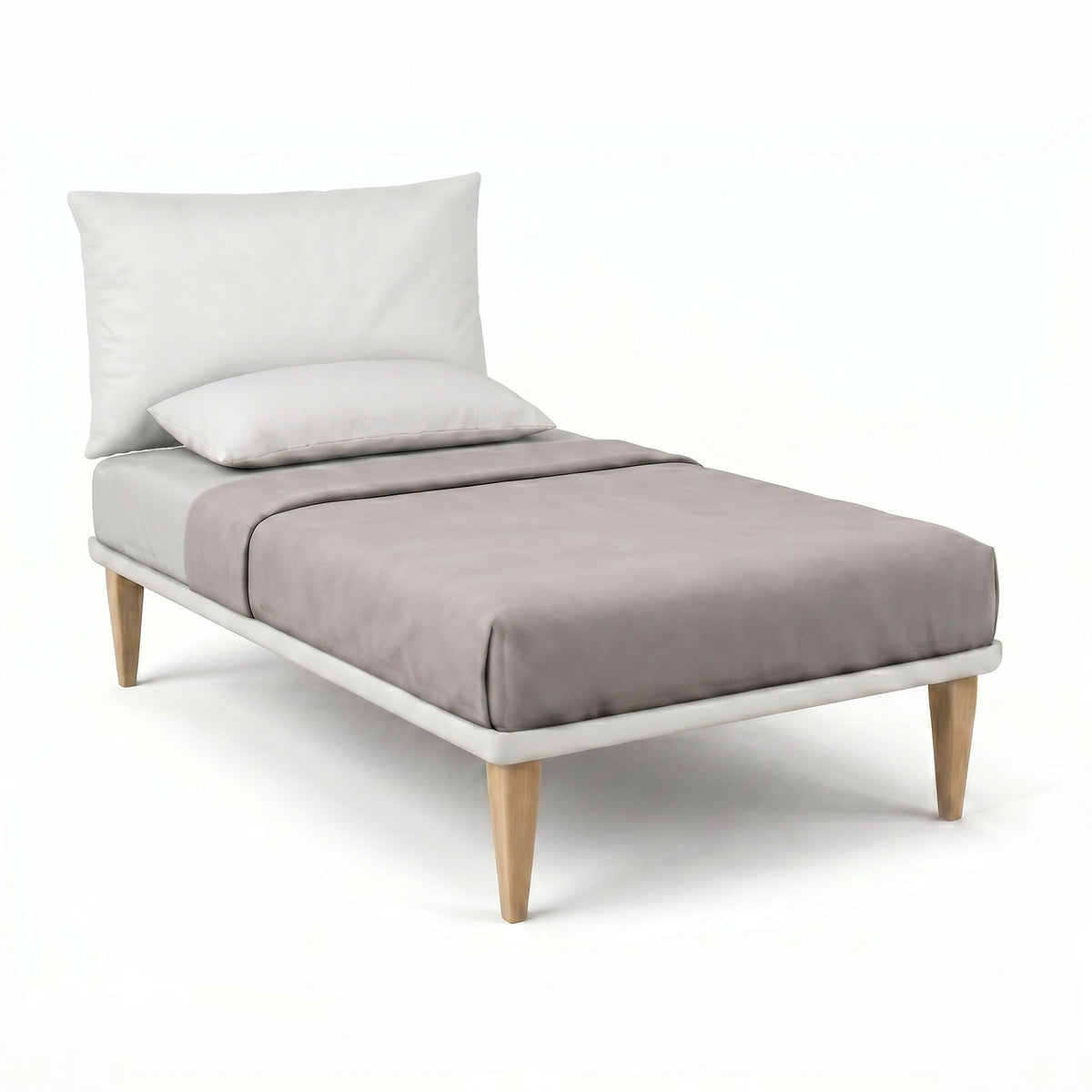Letto singolo SOFT bianco con testata e gambe coniche in legno chiaro, vista a tre quarti #colore_Bianco