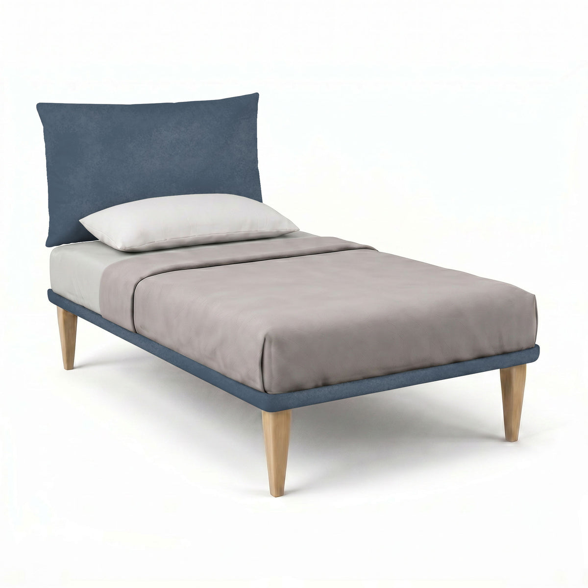 Letto TESSIS blu con testiera imbottita in microfibra, vista tre quarti su fondo bianco #colore_Blu