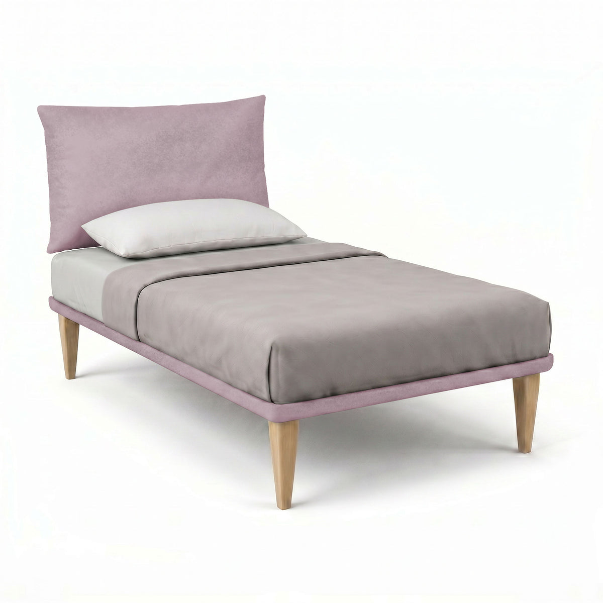 Letto singolo TESSIS glicine con testiera imbottita e gambe in legno chiaro, vista di tre quarti #colore_Glicine