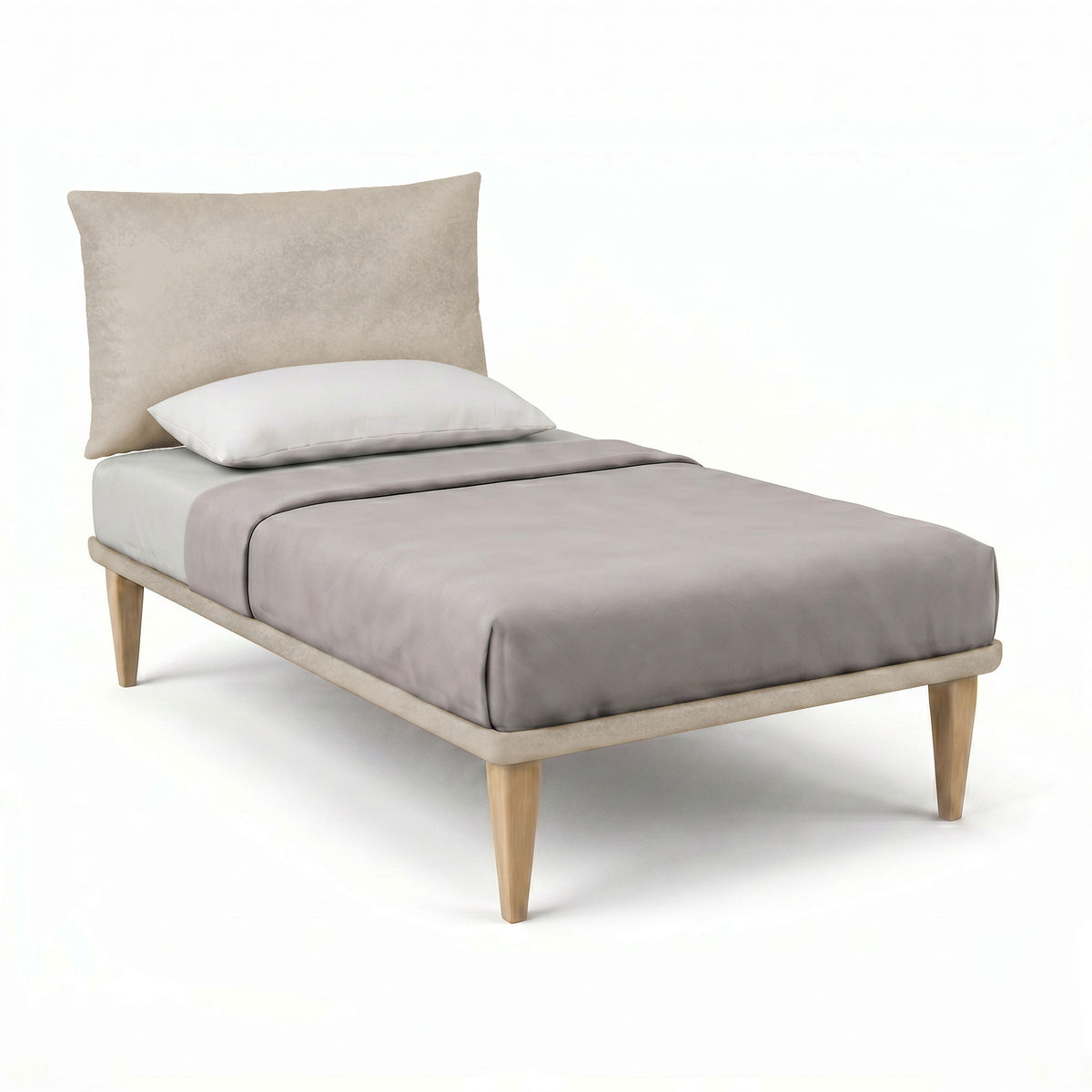 Letto singolo TESSIS sabbia con testiera beige e gambe coniche in legno, vista frontale laterale #colore_Sabbia
