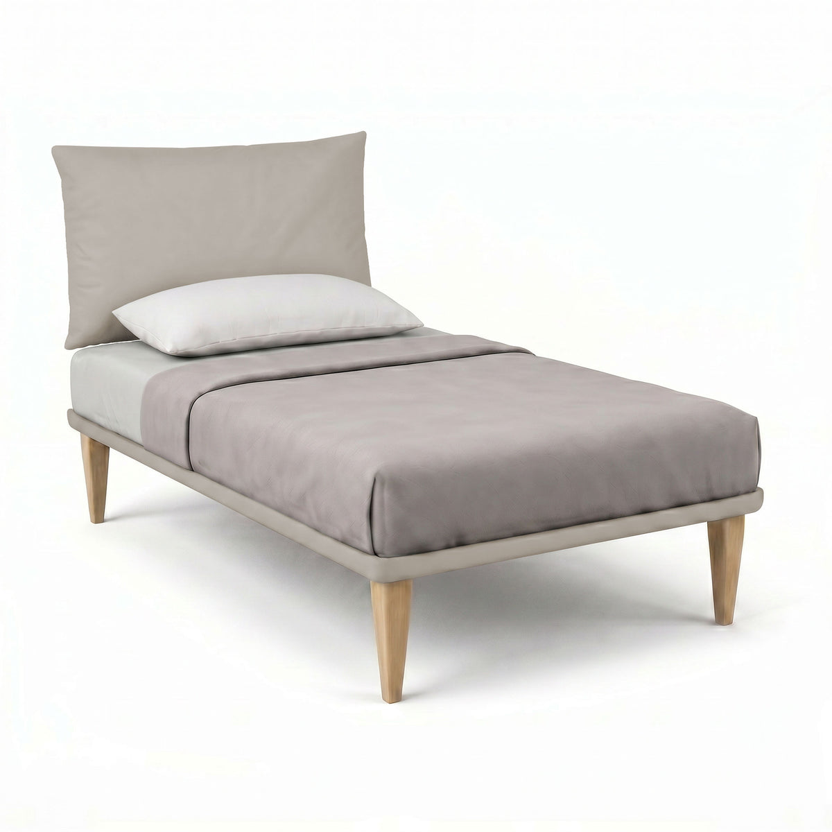 Letto singolo SOFT tortora con testiera imbottita, materasso e cuscini, vista a tre quarti #colore_Tortora