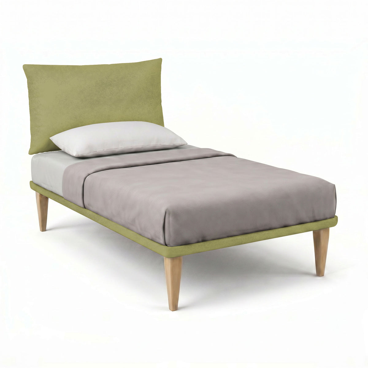 Letto singolo TESSIS tè verde con testiera e fasce rivestite in tessuto, vista di tre quarti #colore_Tè verde