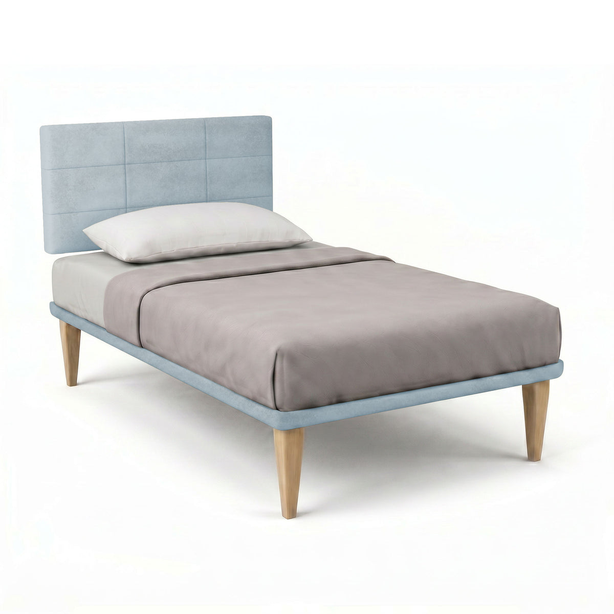 Letto SQUARE azzurro con testiera a riquadri in tessuto, vista tre quarti su fondo bianco #colore_Azzurro