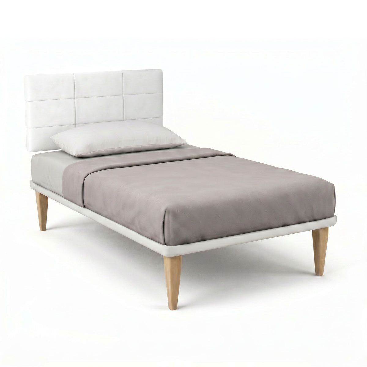 Letto singolo SQUARE bianco con testiera imbottita e gambe in legno, vista tre quarti #colore_Bianco