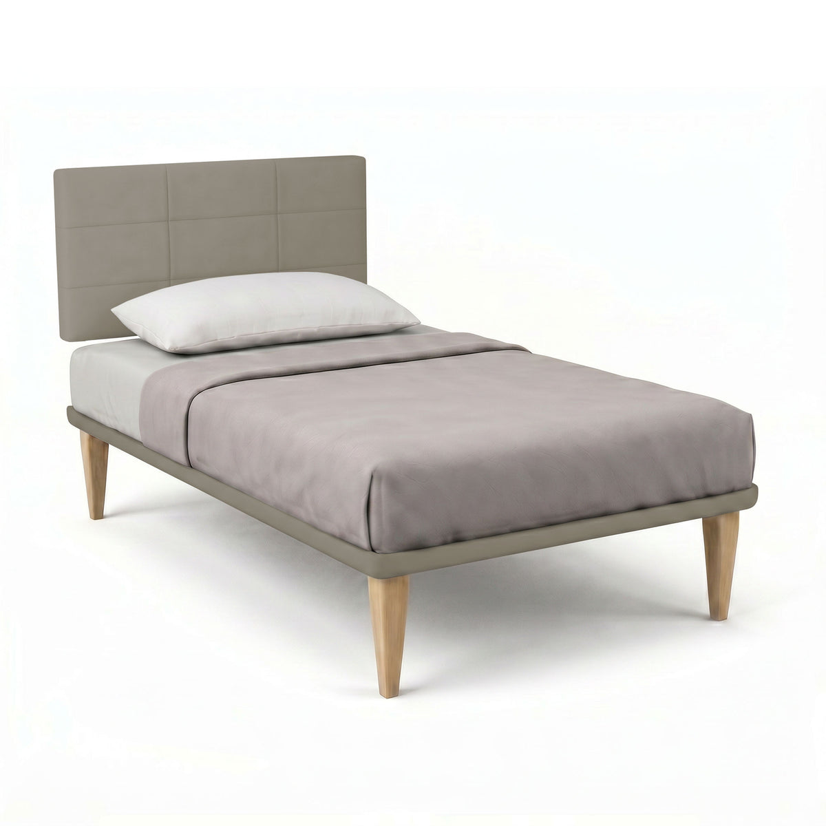 Letto SQUARE cappuccino con testata in similpelle e coperta grigia, vista tre quarti #colore_Cappuccino