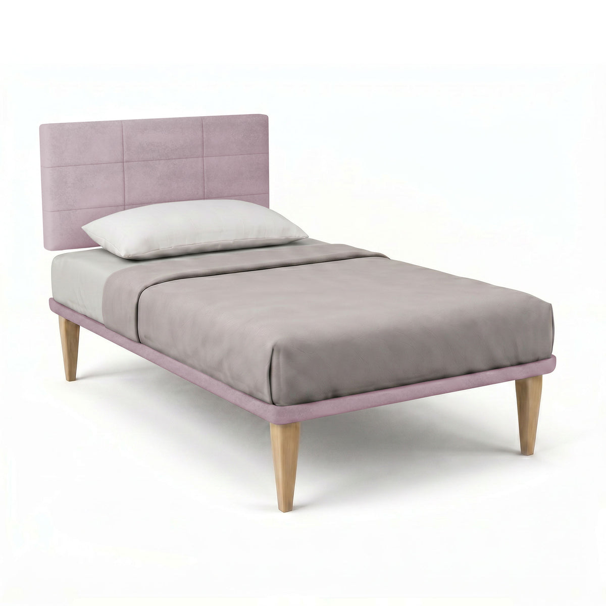 Letto SQUARE glicine con testiera a riquadri su piedi conici in legno, vista di tre quarti #colore_Glicine