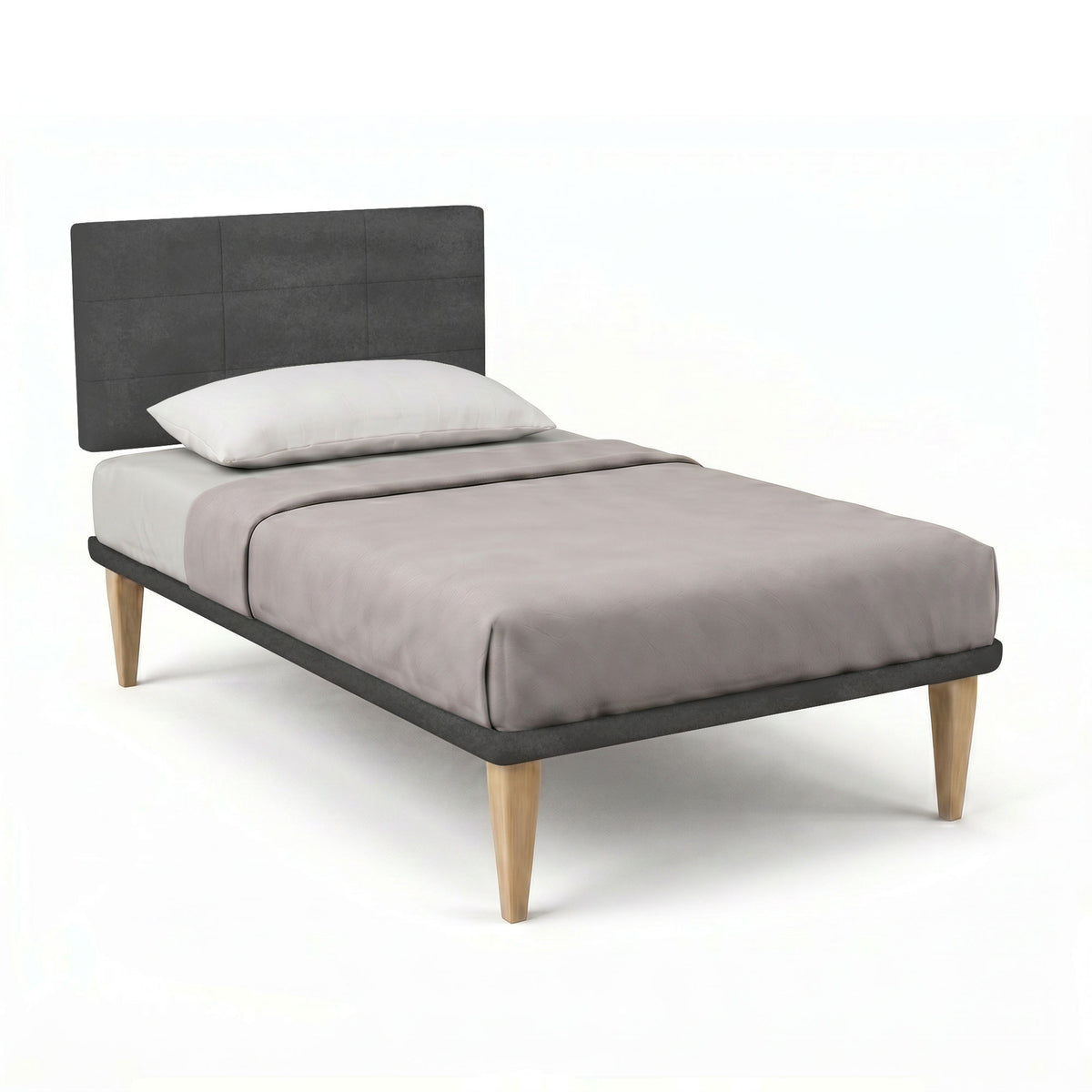 Letto SQUARE grigio con testiera rettangolare trapuntata, vista laterale rialzata su fondo bianco #colore_Grigio