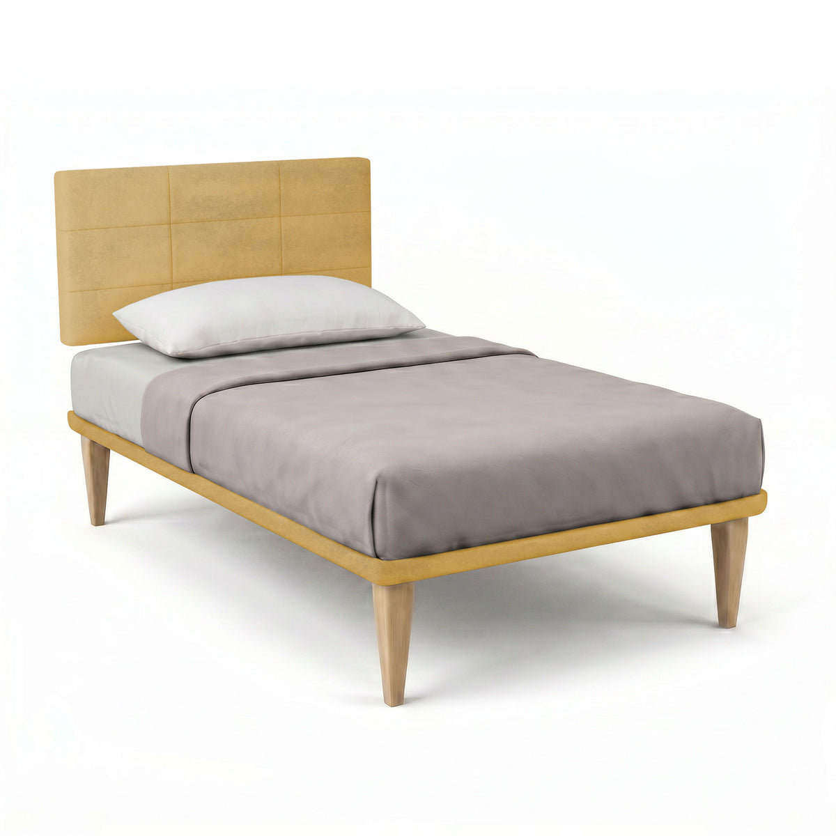 Letto SQUARE ocra con testiera in microfibra a pannelli quadrati, vista tre quarti da render #colore_Ocra