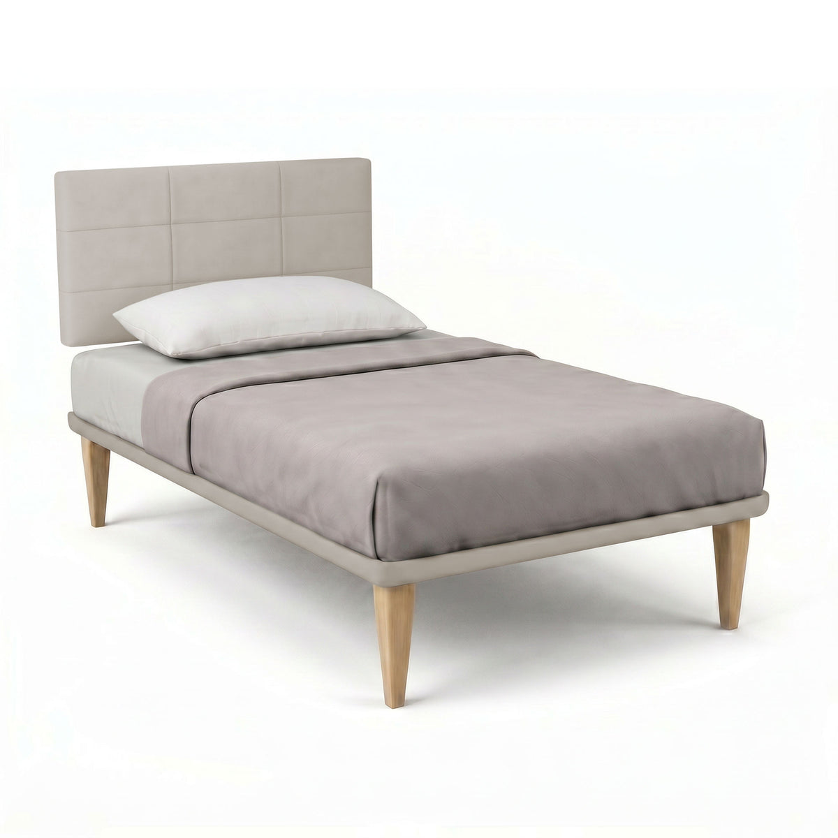 Letto SQUARE tortora con testata imbottita e coperta grigia, vista tre quarti #colore_Tortora