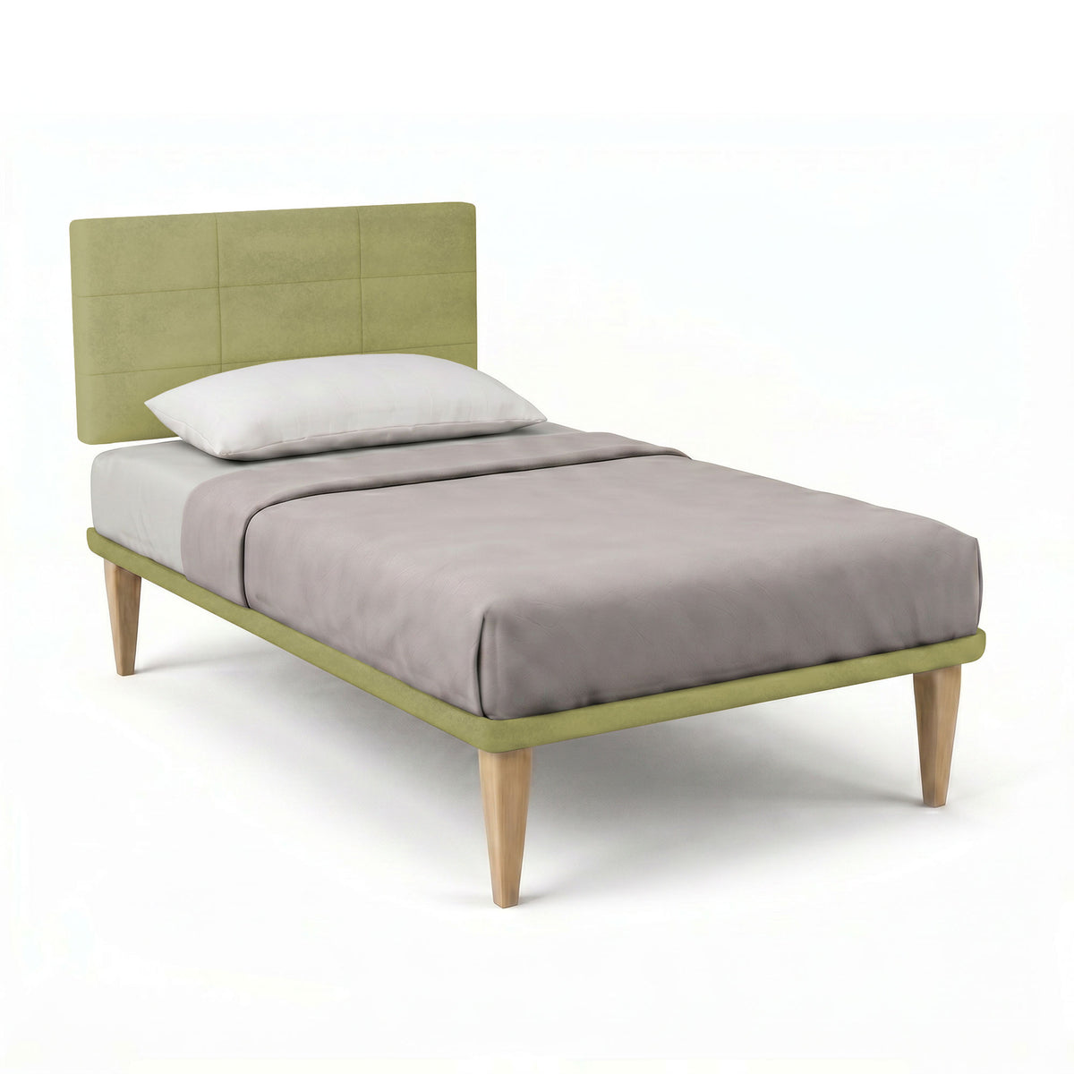 Letto SQUARE tè verde con testiera a riquadri in microfibra, vista tre quarti su fondo bianco #colore_Tè verde
