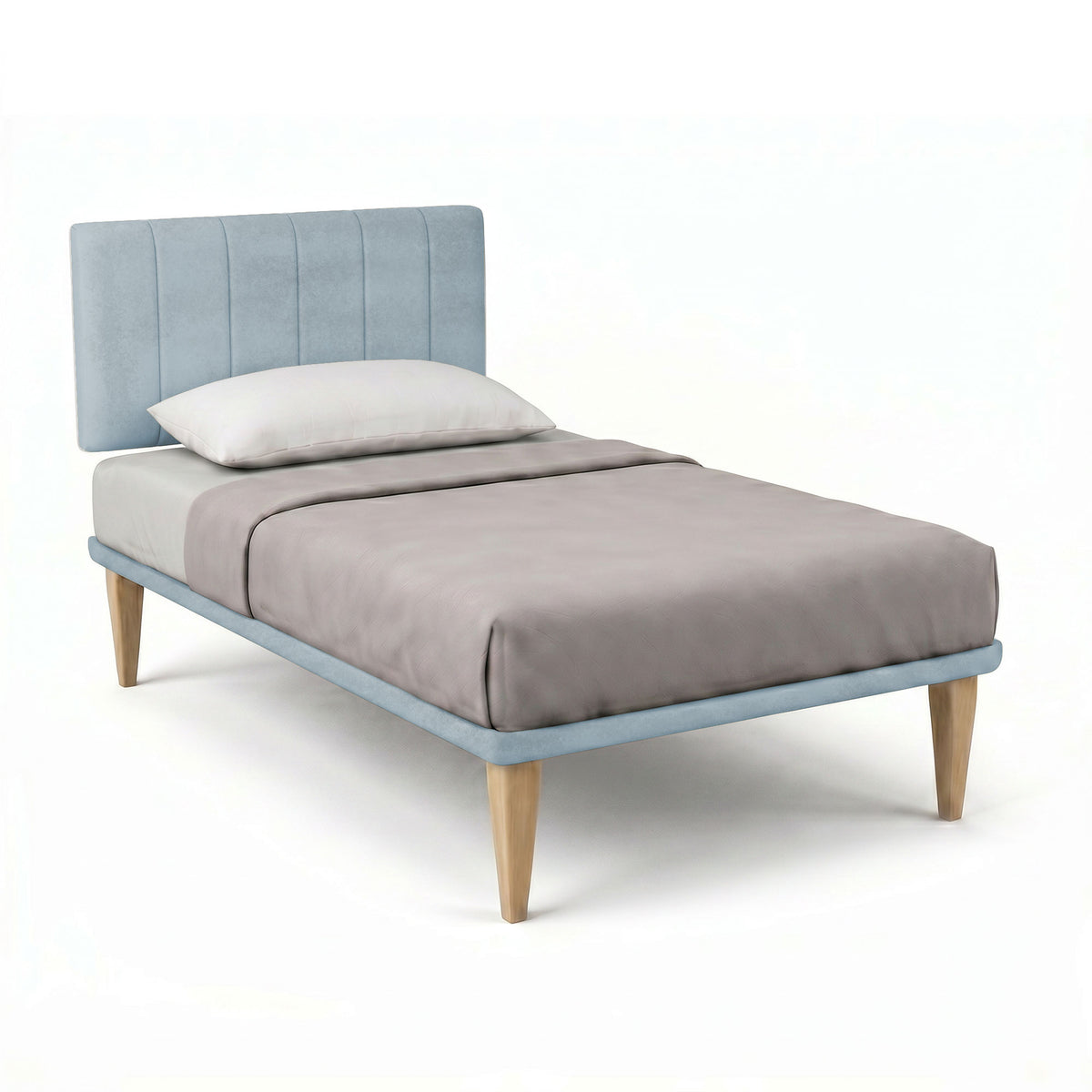 Letto azzurro con testata a cinque pannelli, vista di tre quarti su fondo bianco #colore_Azzurro
