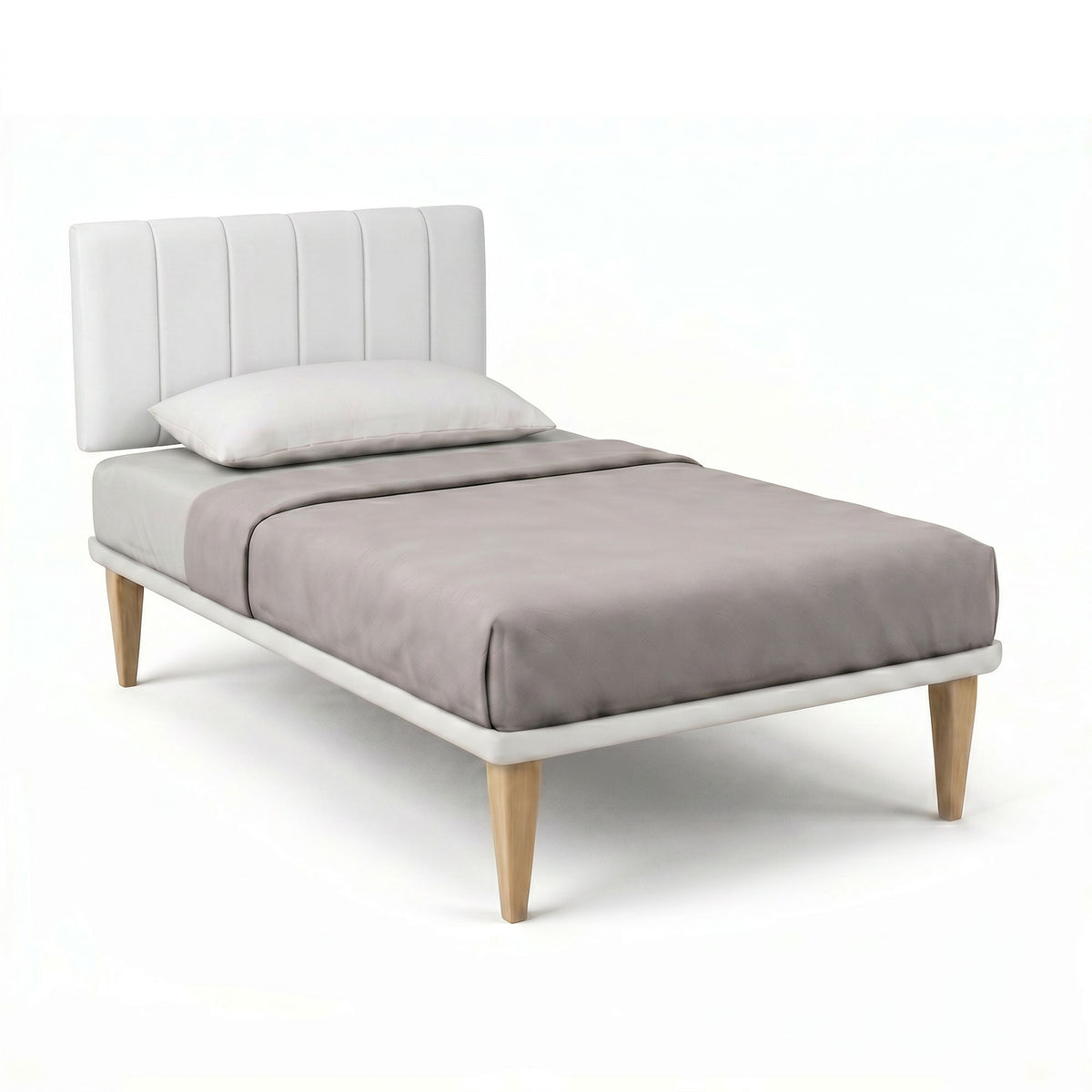 Letto TESSIS bianco con testata imbottita a cinque pannelli e piedi in legno, vista tre quarti #colore_Bianco