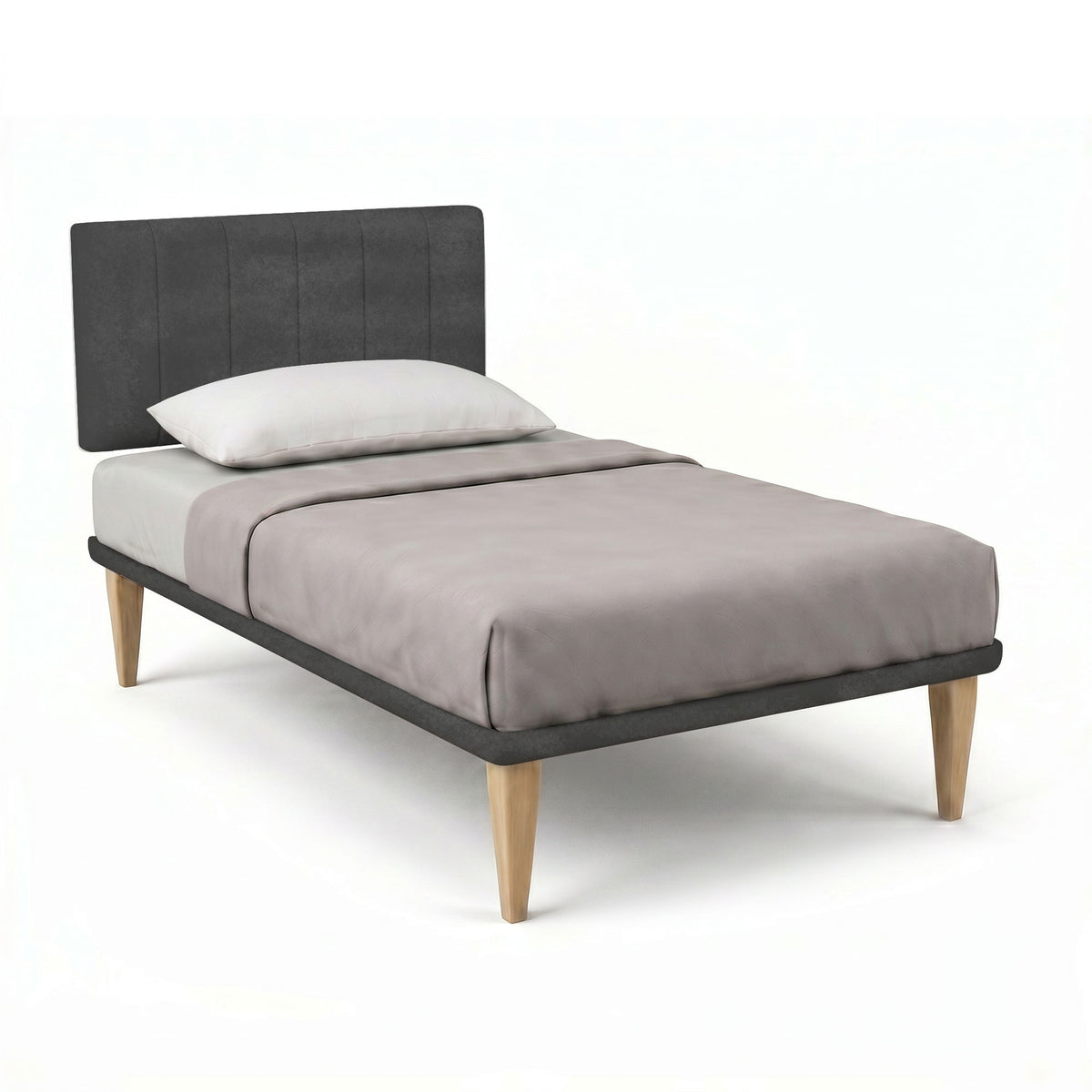 Letto TESSIS grigio con testata a cinque pannelli, vista di tre quarti su fondo bianco #colore_Grigio