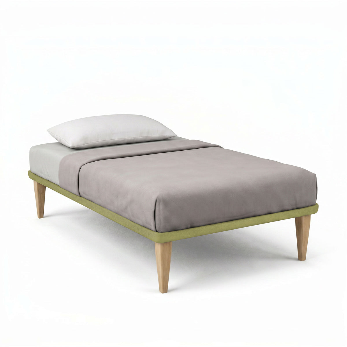 Letto singolo TESSIS tè verde su fondo bianco, vista tre quarti con cuscino bianco alla testiera #colore_Tè verde