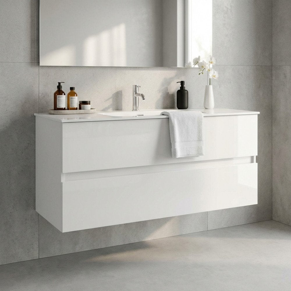Mobile bagno sospeso LORENZO bianco con due cassettoni e lavabo, in bagno con pareti grigio chiaro