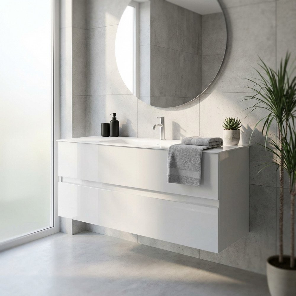 Mobile bagno sospeso LORENZO bianco con lavabo integrato e specchio rotondo, in bagno con piastrelle grigie