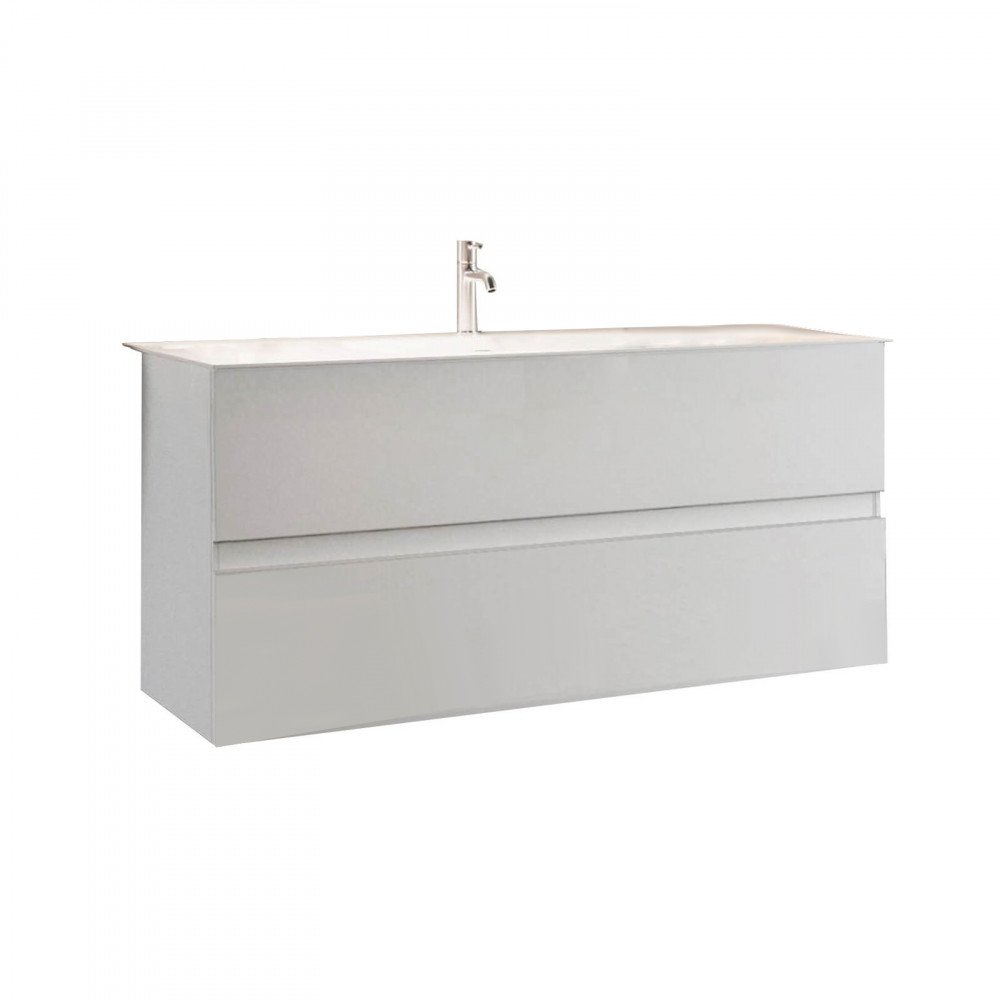 Mobile bagno sospeso LORENZO bianco lucido su fondo bianco, vista di tre quarti dei due cassettoni