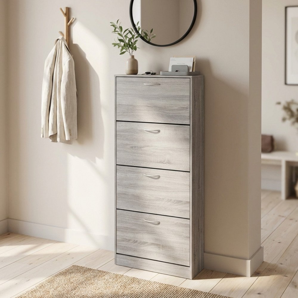 Scarpiera LOLA grigio chiaro in ambiente domestico con appendiabiti e specchio rotondo #colore_Grigio chiaro