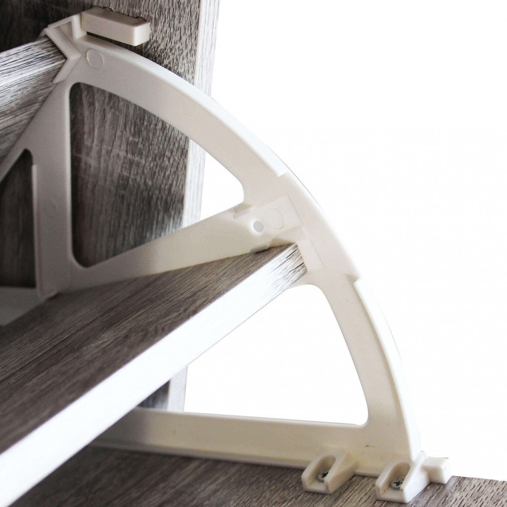 Dettaglio del supporto bianco e del ripiano in rovere grigio della scarpiera LOLA #colore_Grigio chiaro