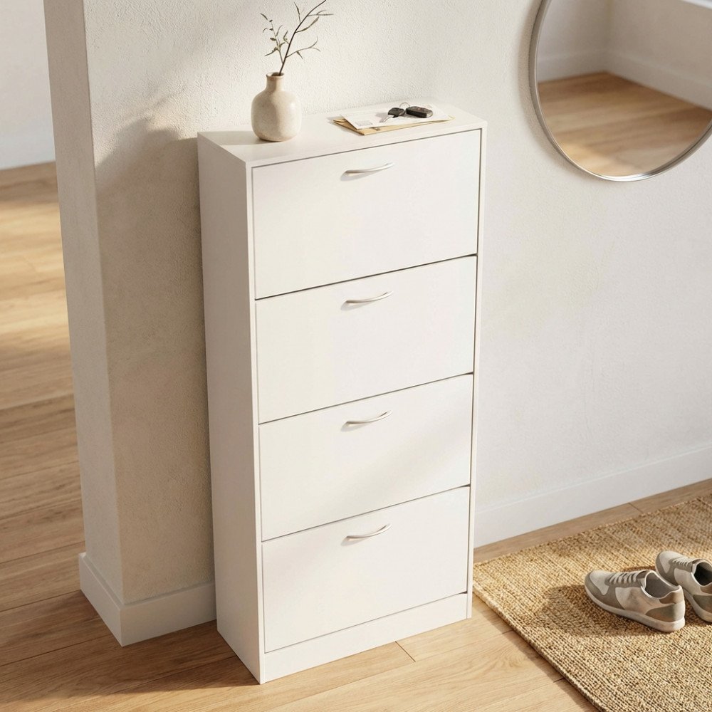 Scarpiera LOLA bianca vista di tre quarti in ambiente interno con vaso in ceramica sopra #colore_Bianco