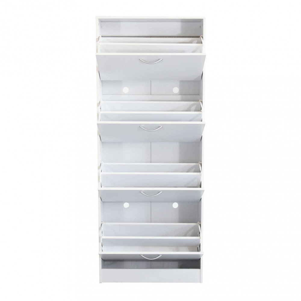 Scarpiera LOLA bianca frontale con ante aperte e vani porta scarpe interni visibili #colore_Bianco