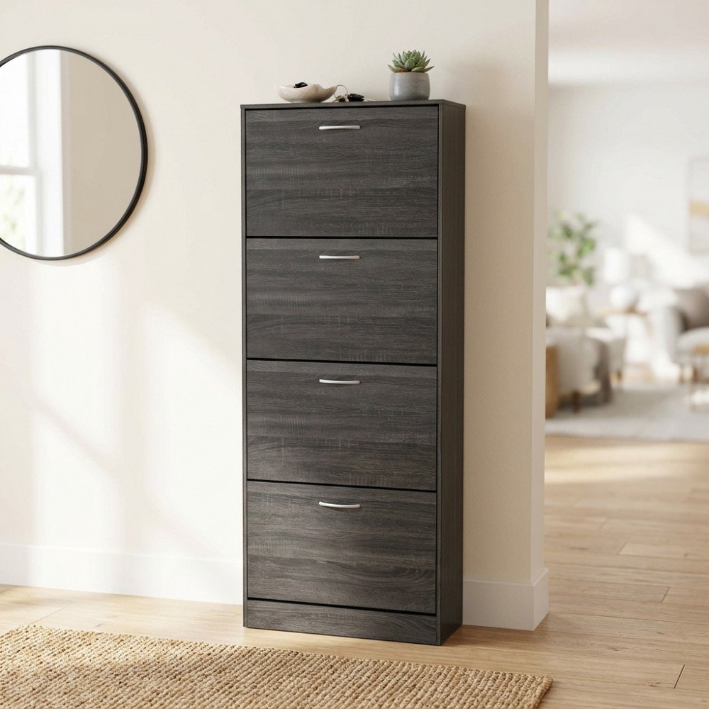 Scarpiera LOLA grigio scuro di tre quarti in ingresso con specchio e tappeto #colore_Grigio scuro