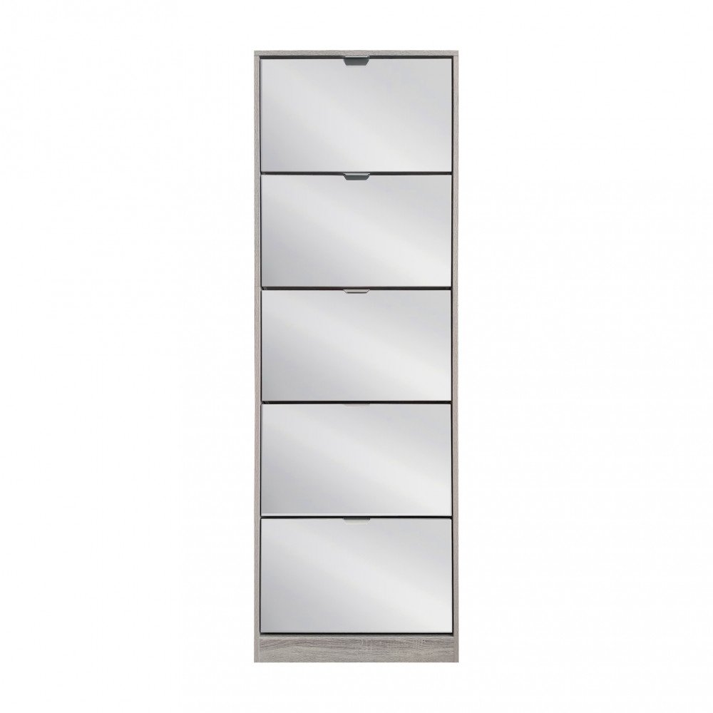 Scarpiera PANDIA grigio chiaro su fondo bianco, vista frontale delle cinque ante a specchio #colore_Grigio chiaro