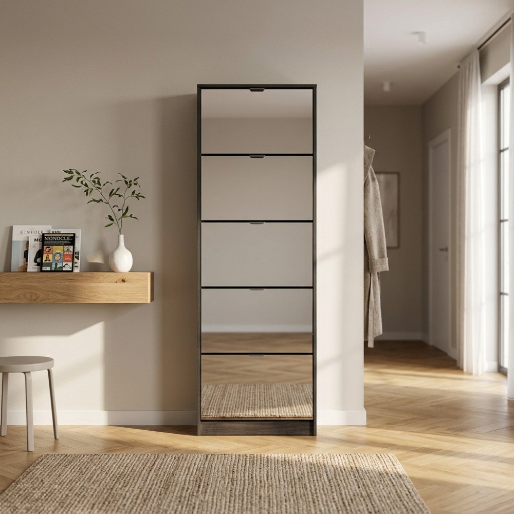 Scarpiera PANDIA grigio scuro vista frontale in interno, appoggiata su tappeto chiaro #colore_Grigio Scuro