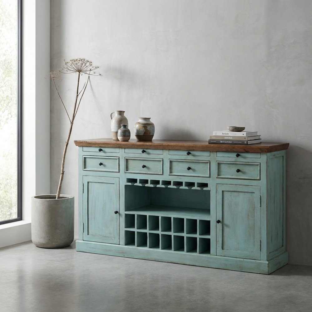 Credenza GORDON azzurra in ambiente, vista frontale accanto a un vaso di cemento