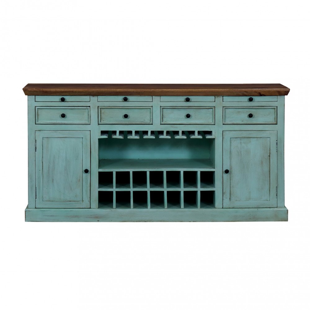 Credenza GORDON azzurra su fondo bianco, vista frontale del mobile intero