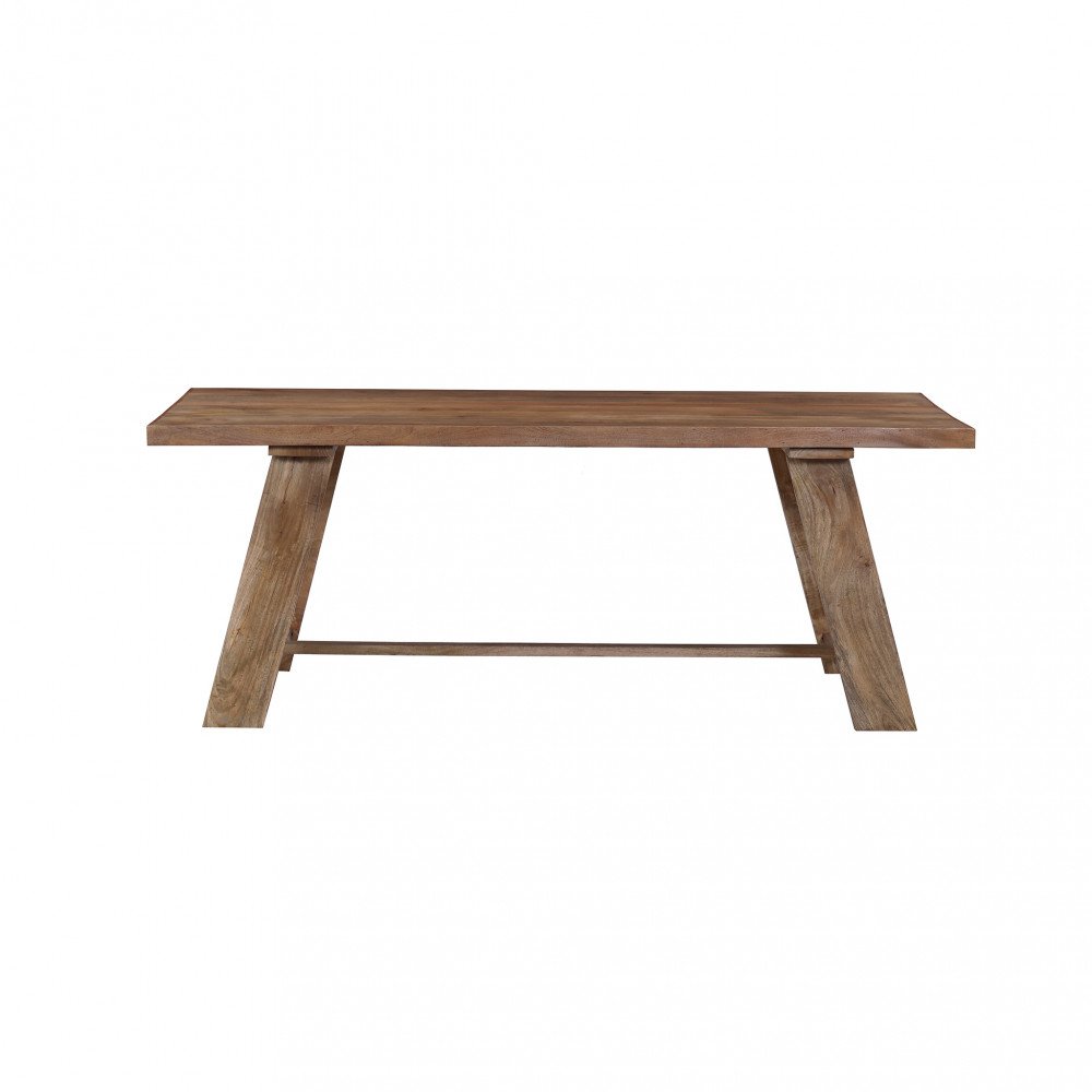 Tavolo JERVIS marrone in legno di mango, vista frontale con gambe a cavalletto