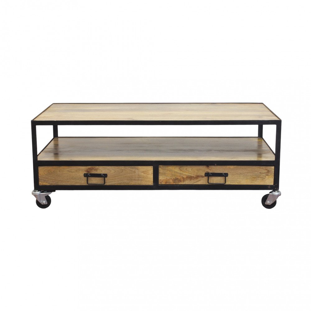 Tavolino da salotto MARLOW marrone frontale su sfondo bianco, ripiano intermedio in legno