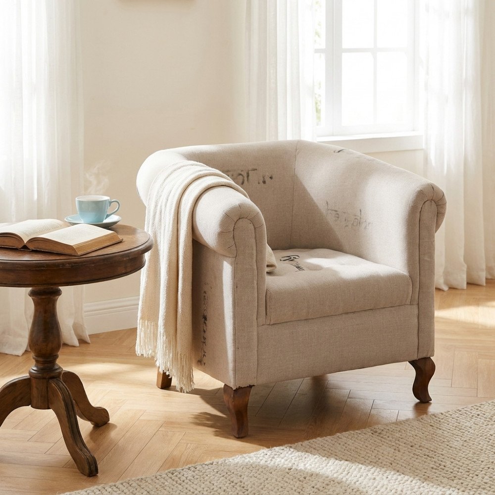Poltrona MERCER beige con braccioli arrotolati in salotto luminoso, vista di tre quarti