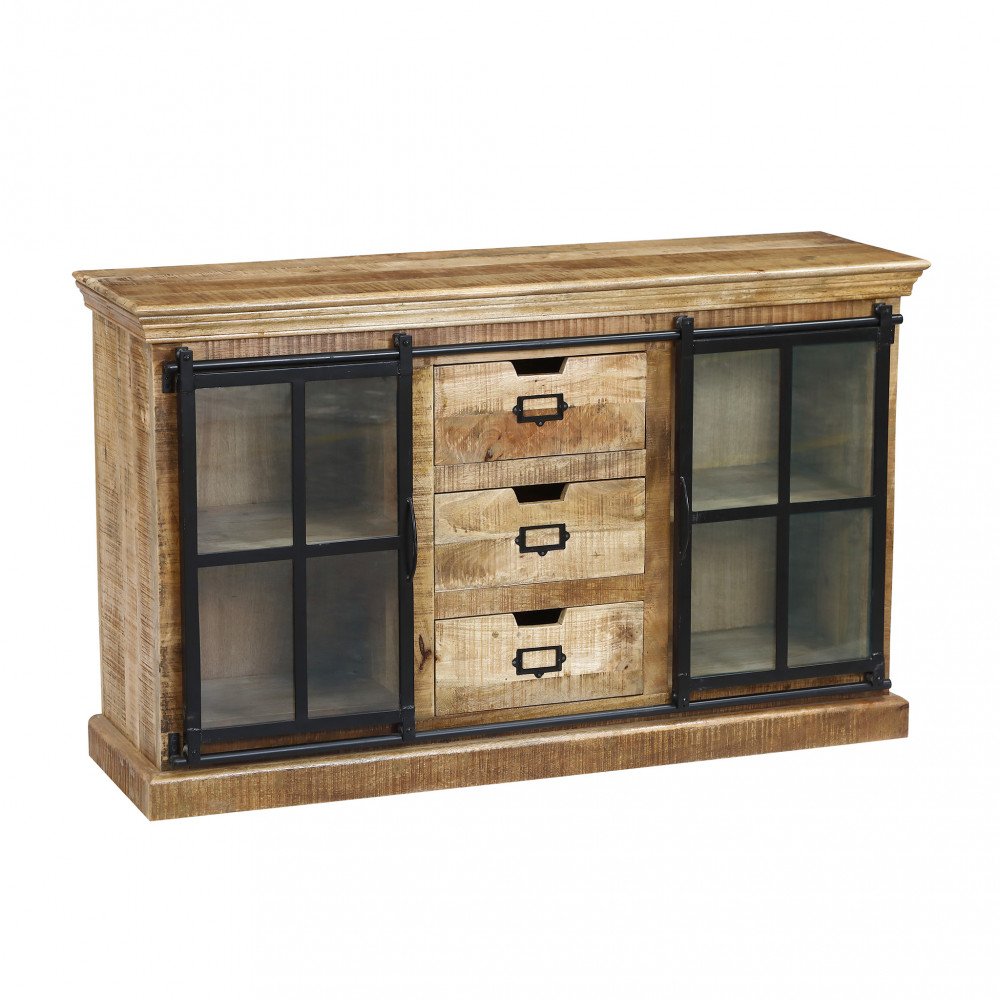 Credenza AVERLY marrone in legno di mango con ante scorrevoli in vetro, tre quarti