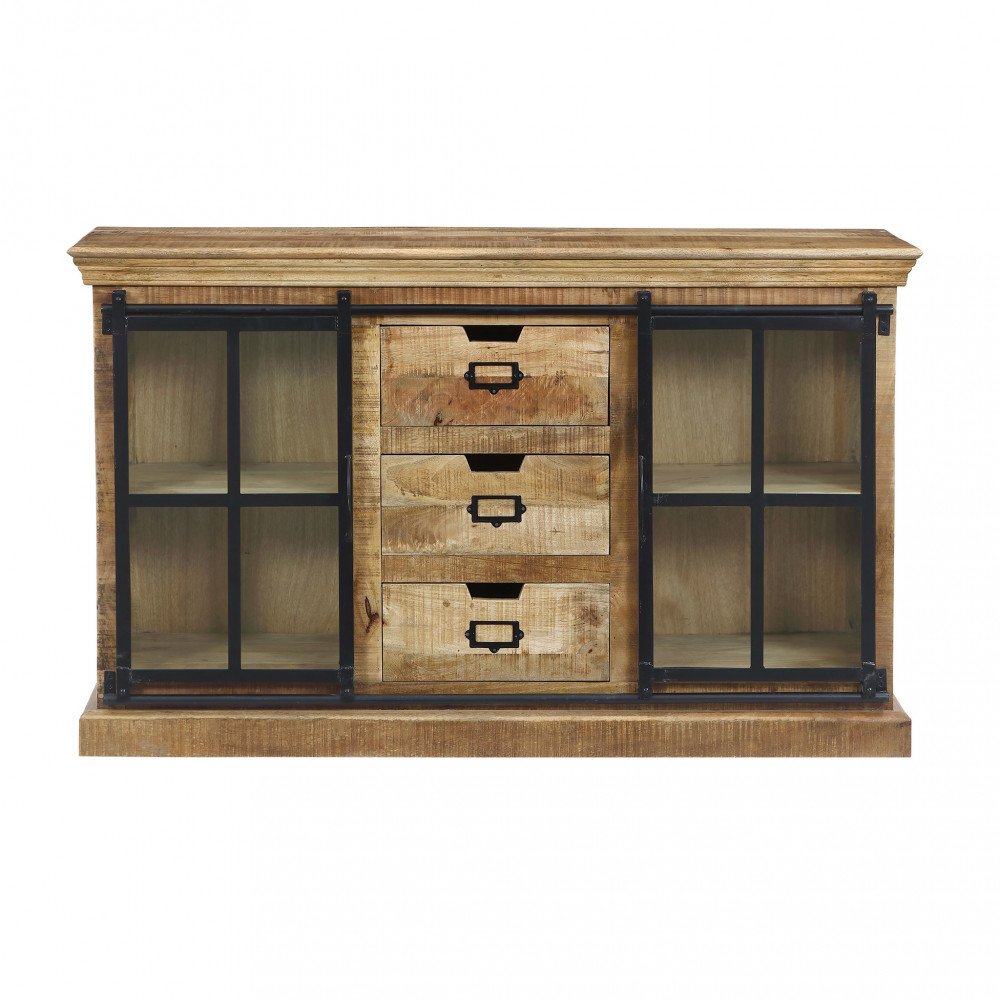 Credenza AVERLY marrone vista frontale con tre cassetti e ante scorrevoli aperte