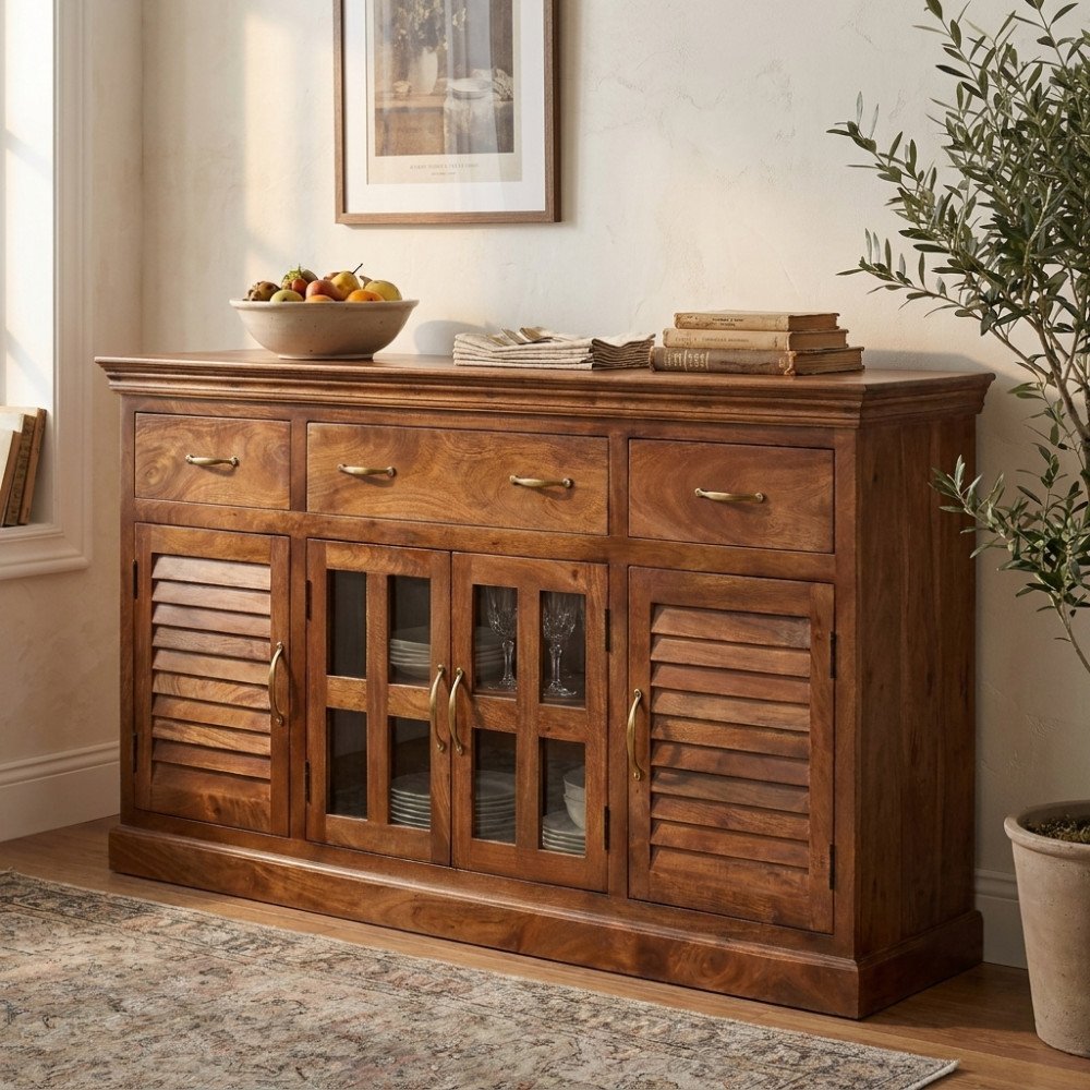 Credenza ANSELM marrone in legno in sala, dettaglio dei cassetti e ante a vetro